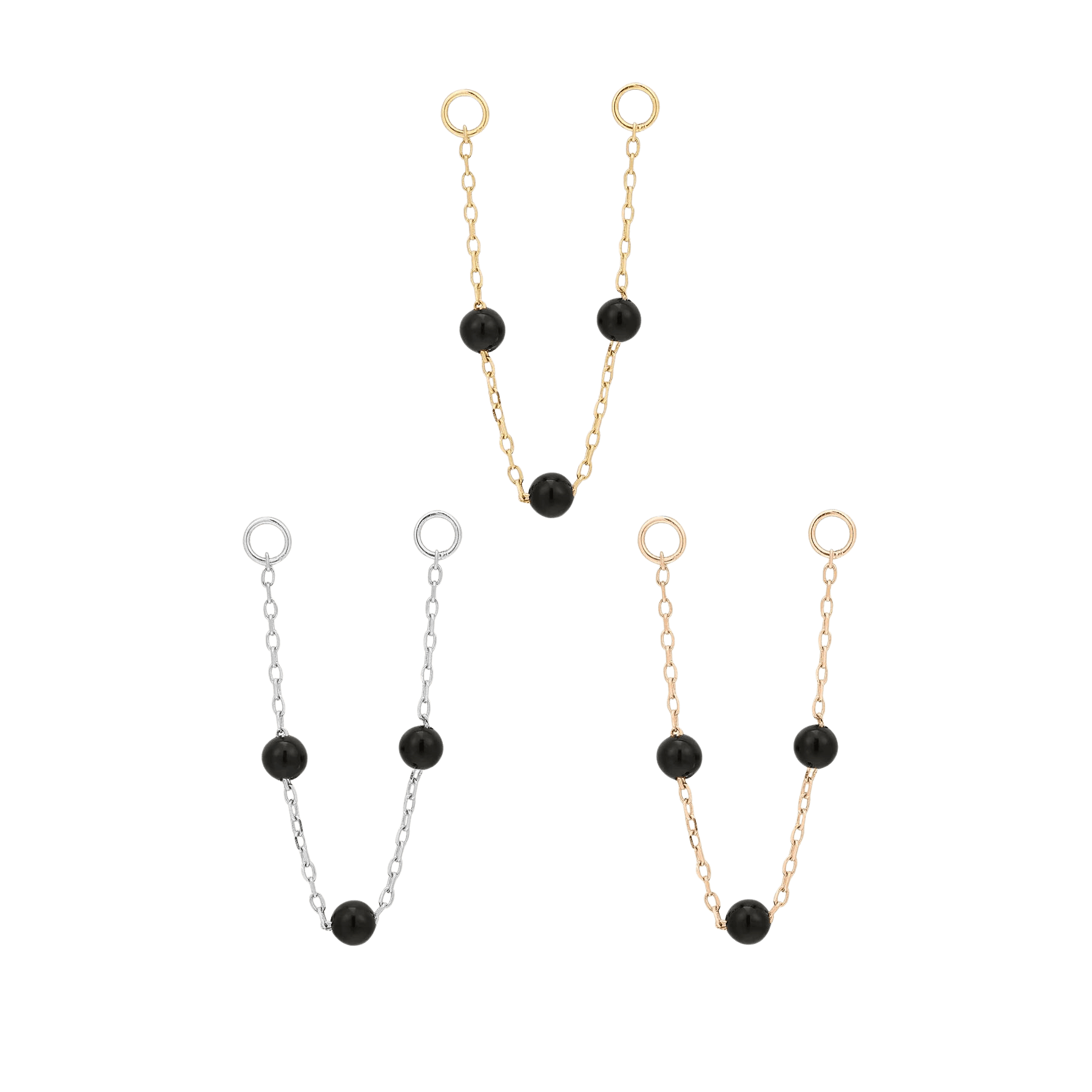 3 BEAD BLACK AGATE CHAIN - SOLID 14KT GOLD piercing-zone.com