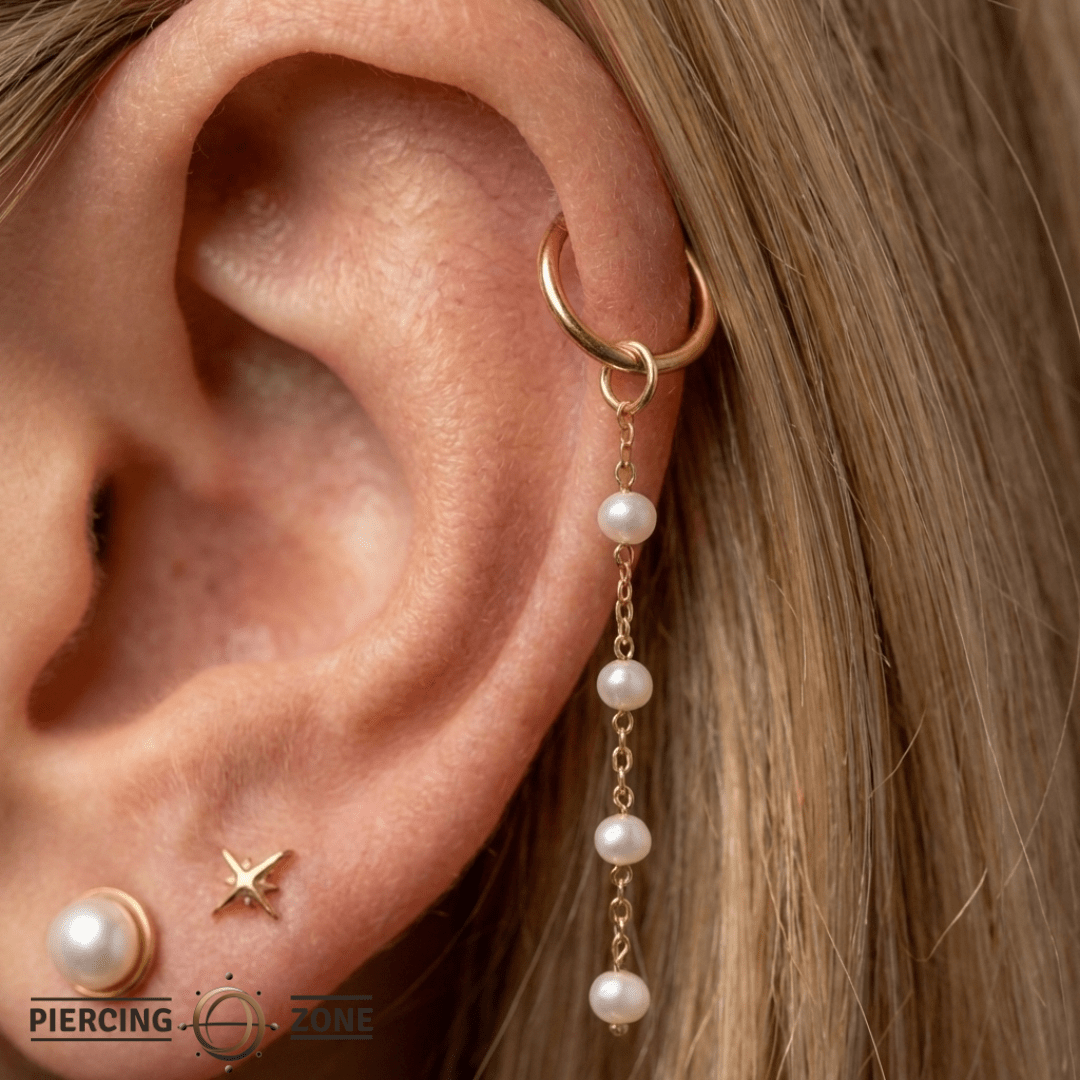 4 Bead Pearl Chain – Freshwater Pearls – 14K Gold Dangle - piercing - zone.com