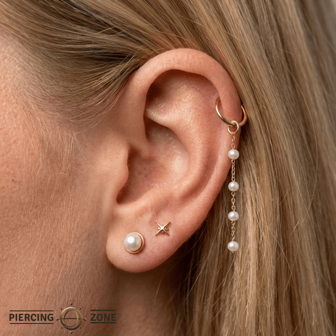 4 Bead Pearl Chain – Freshwater Pearls – 14K Gold Dangle - piercing - zone.com