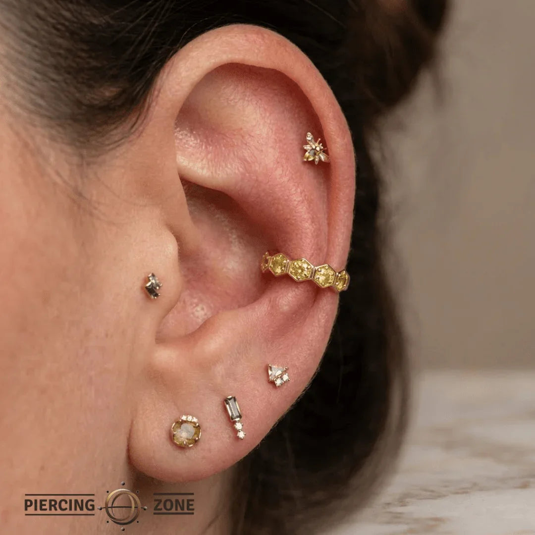 5 Gem Hexagon Seamless Ring – 14K Gold Cluster Design - piercing - zone.com