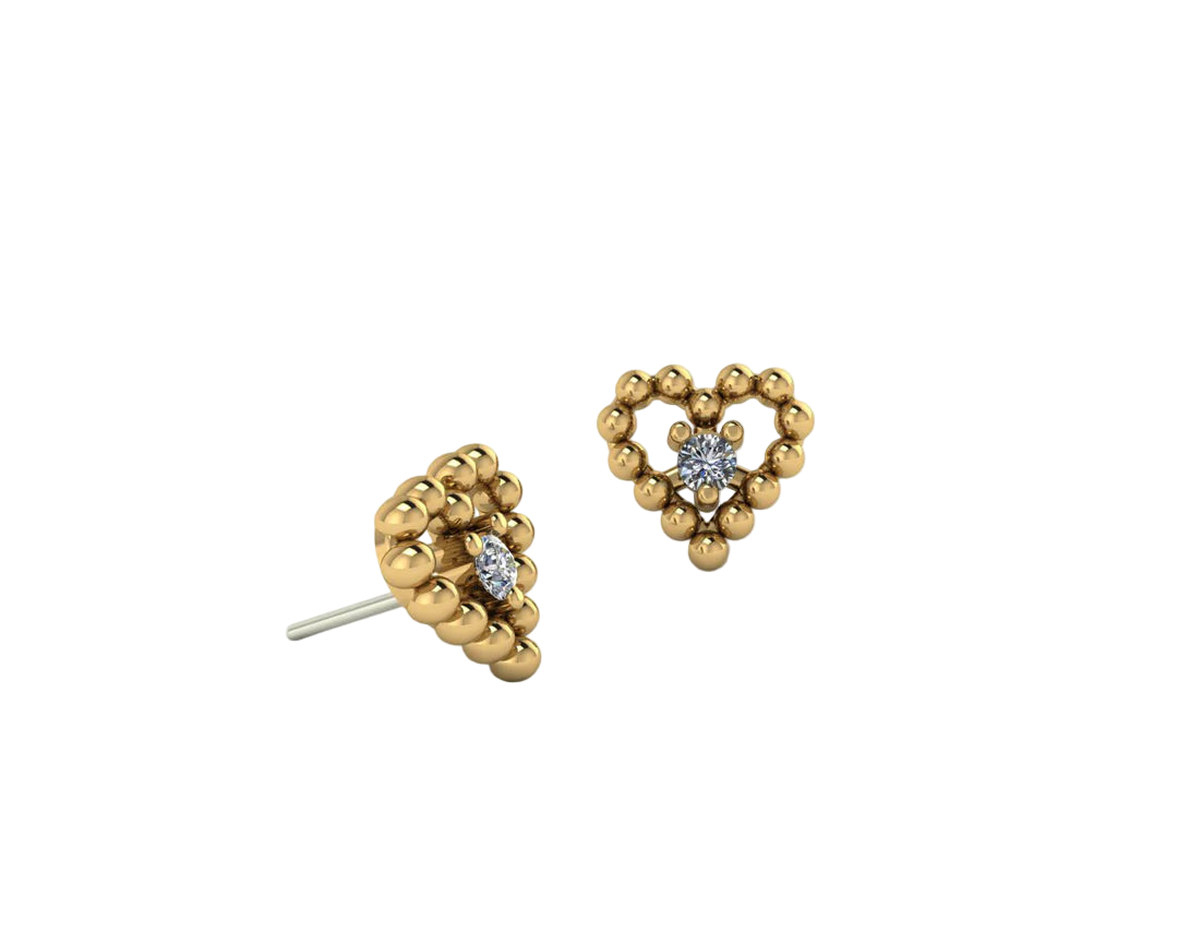 Beaded Heart With Gem – 14K/18K Gold Threadless End