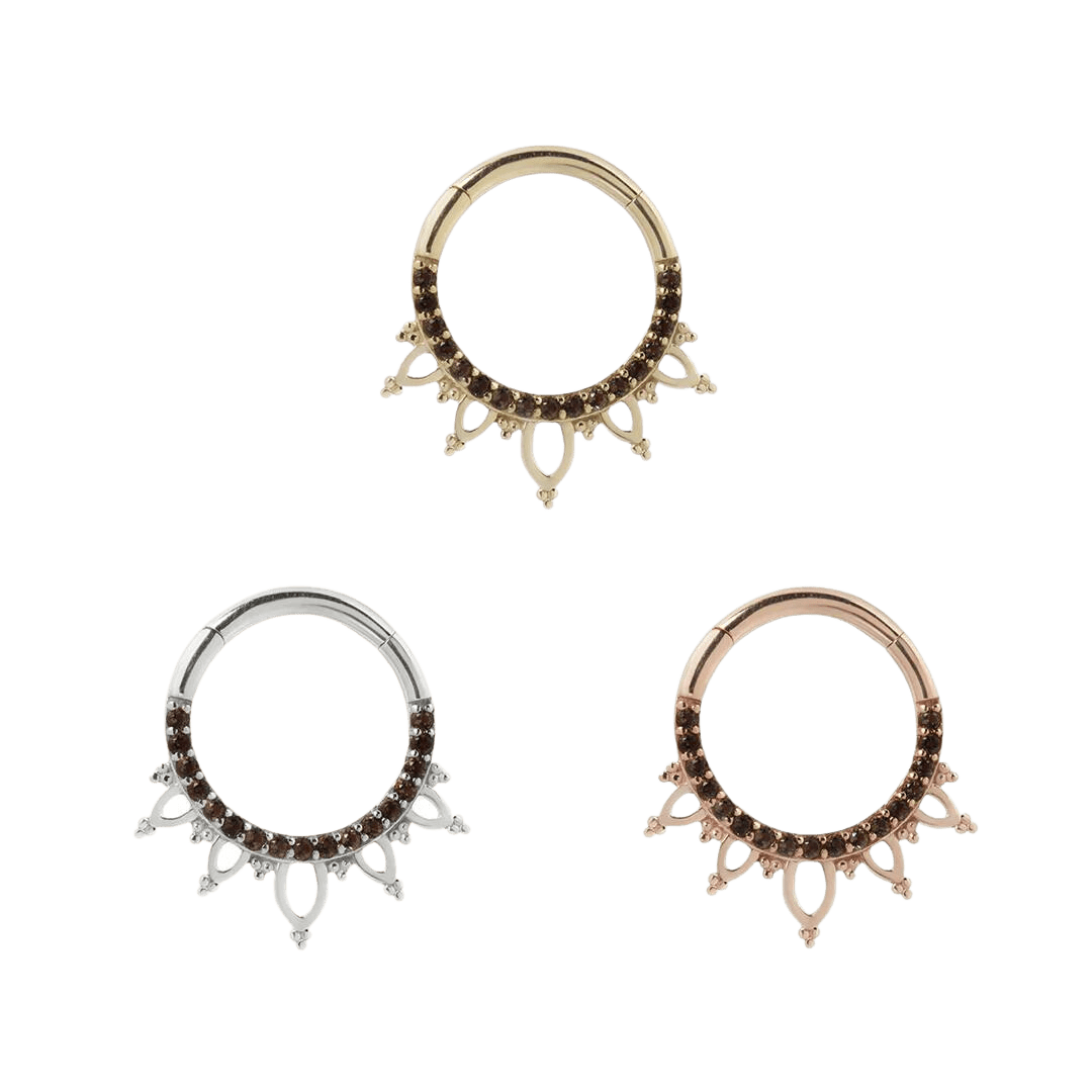 INDRA - SMOKEY QUARTZ - SOLID 14KT GOLD CLICKER piercing-zone.com