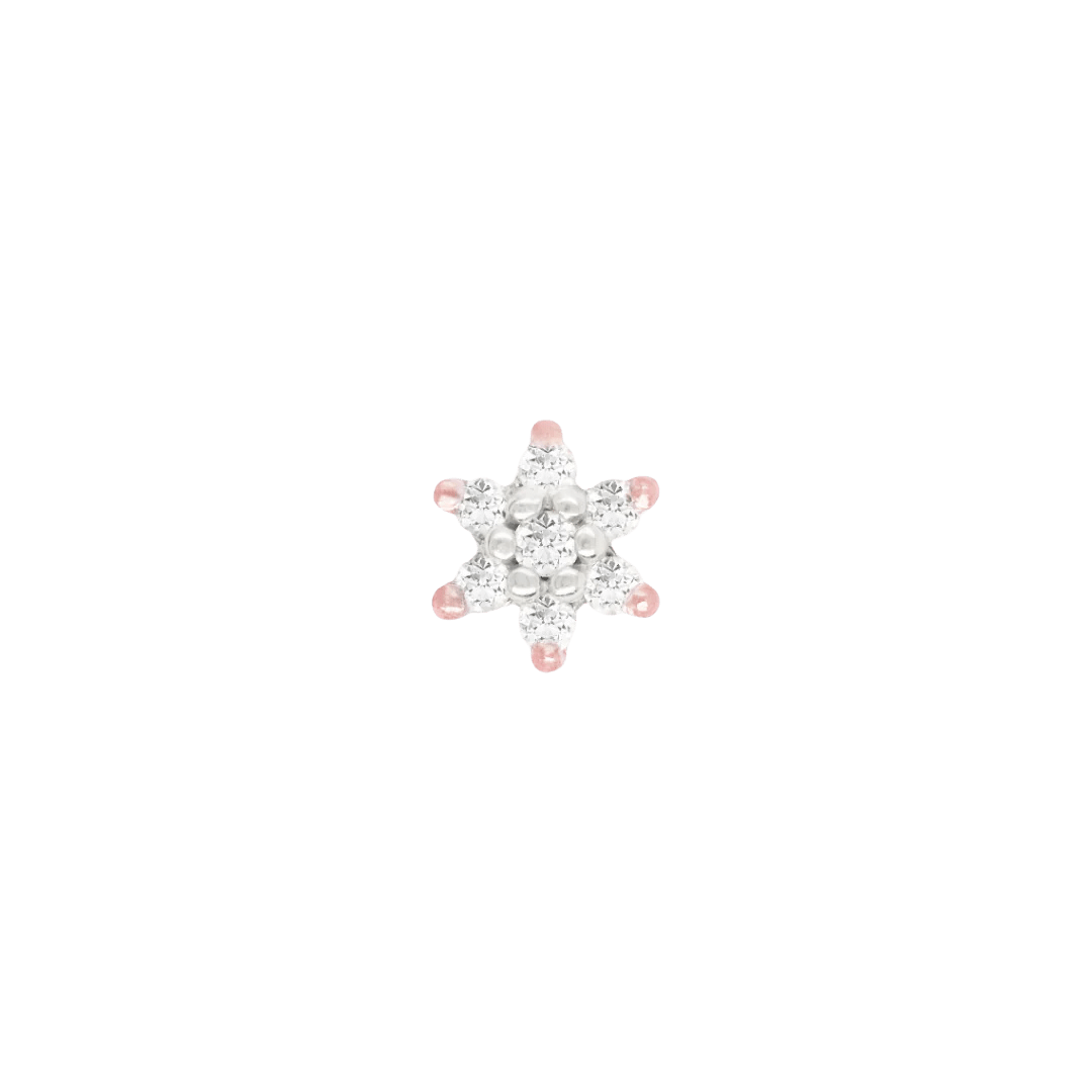 White gold Bloom piercing end – sparkling floral design on white background

