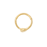 Close-up view of snake head detailing on Ouroboros gold clicker