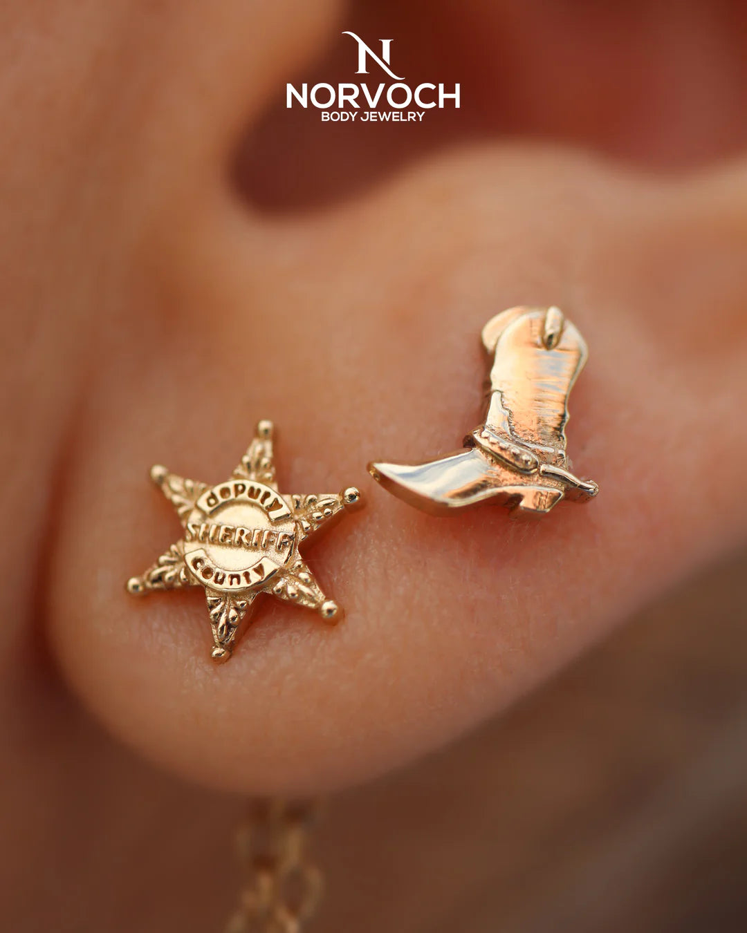 Model Wearing Cowgirl Boot in Helix Piercing – Western Styling