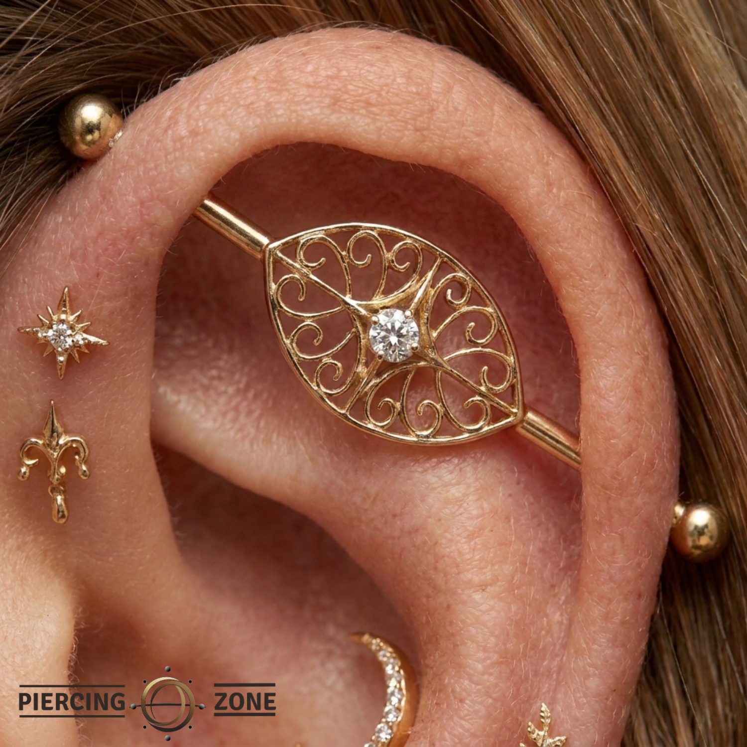Filigree Eye - 14K Gold Gem Straight Barbell