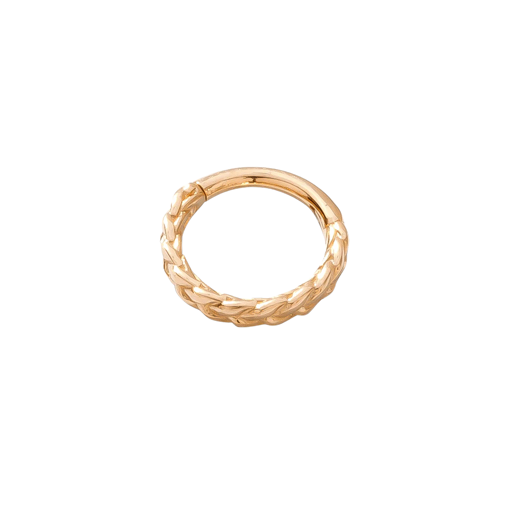 Flat lay of Verona Clicker in 14k gold on white background