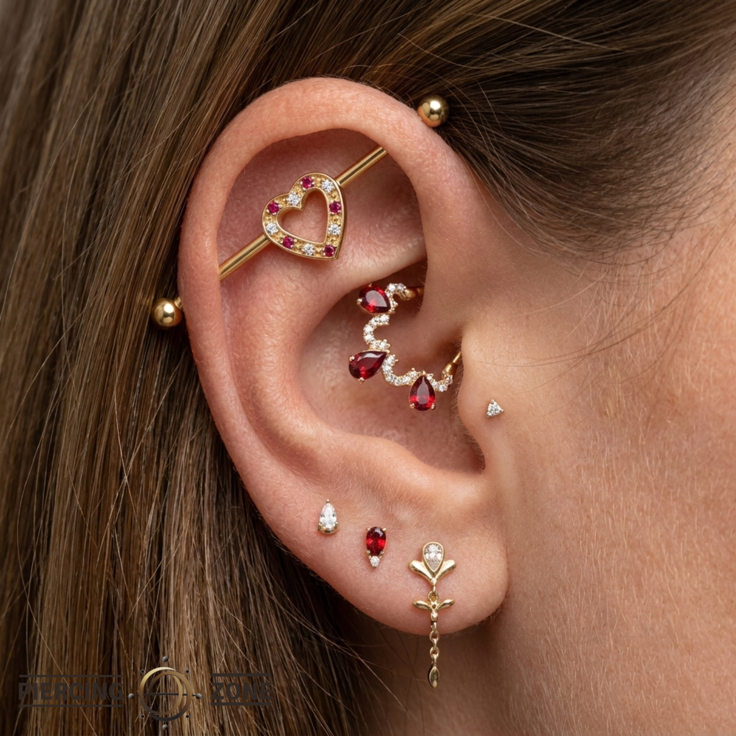 Heartline - 14K Gold Gem Heart Straight Barbell