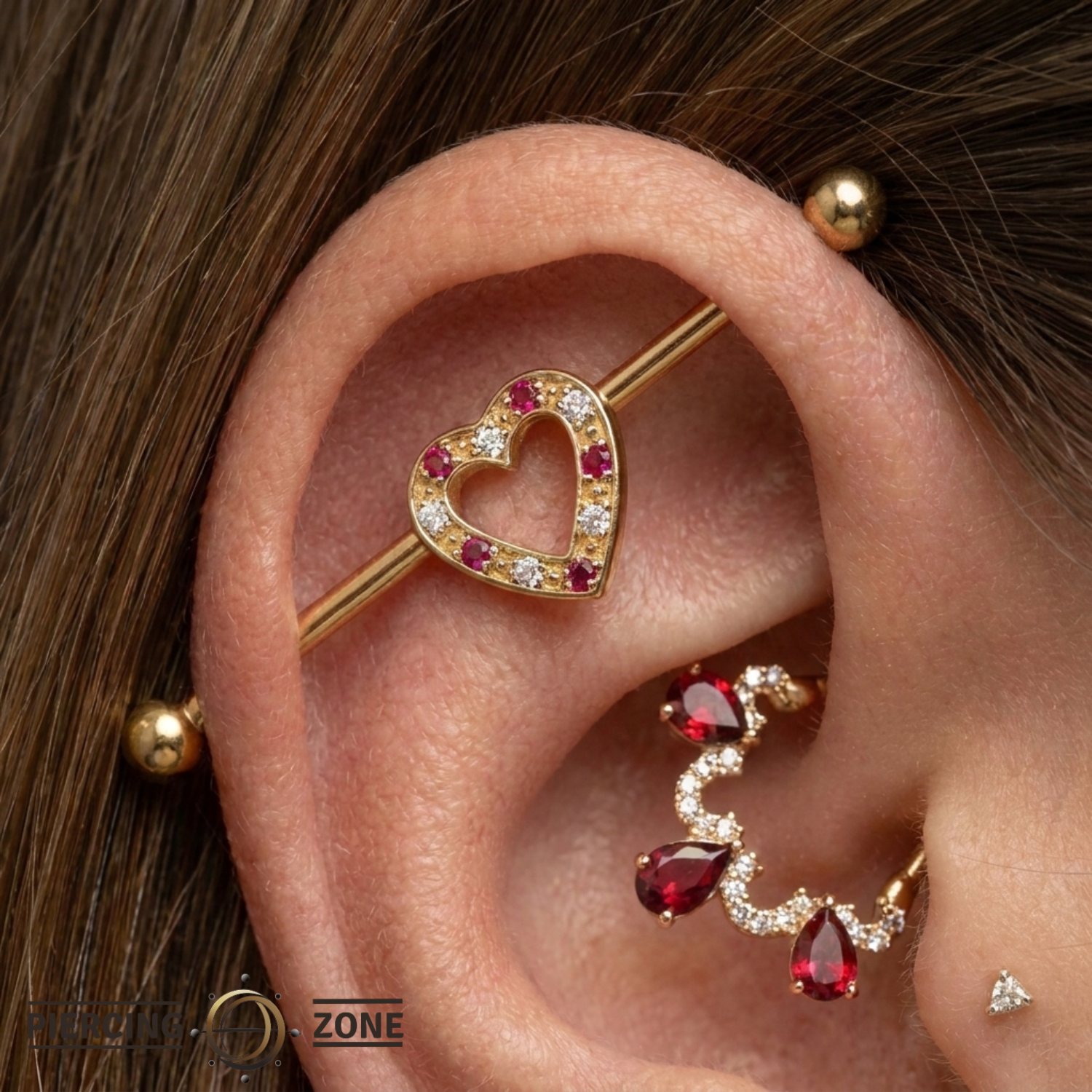 Heartline - 14K Gold Gem Heart Straight Barbell