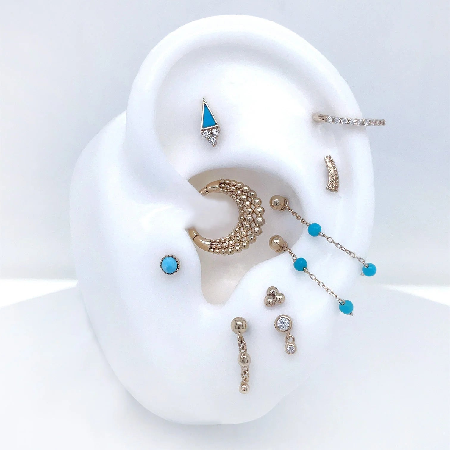 3 BEAD TURQUOISE CHAIN - SOLID 14KT GOLD piercing-zone.com