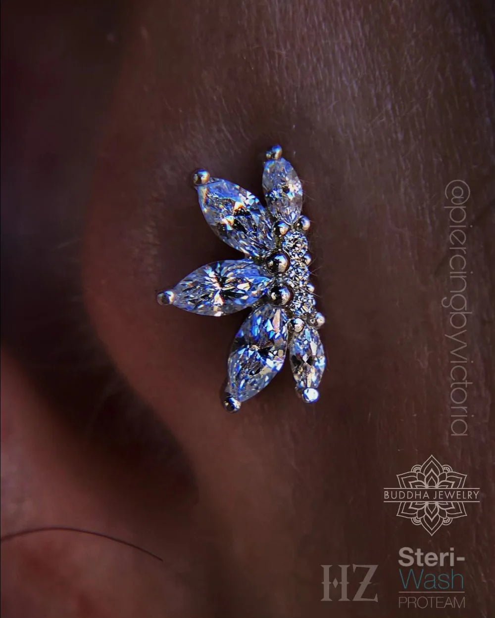 Mini Valentina 14K Gold Threadless End with CZ Fan Cluster – Front View


