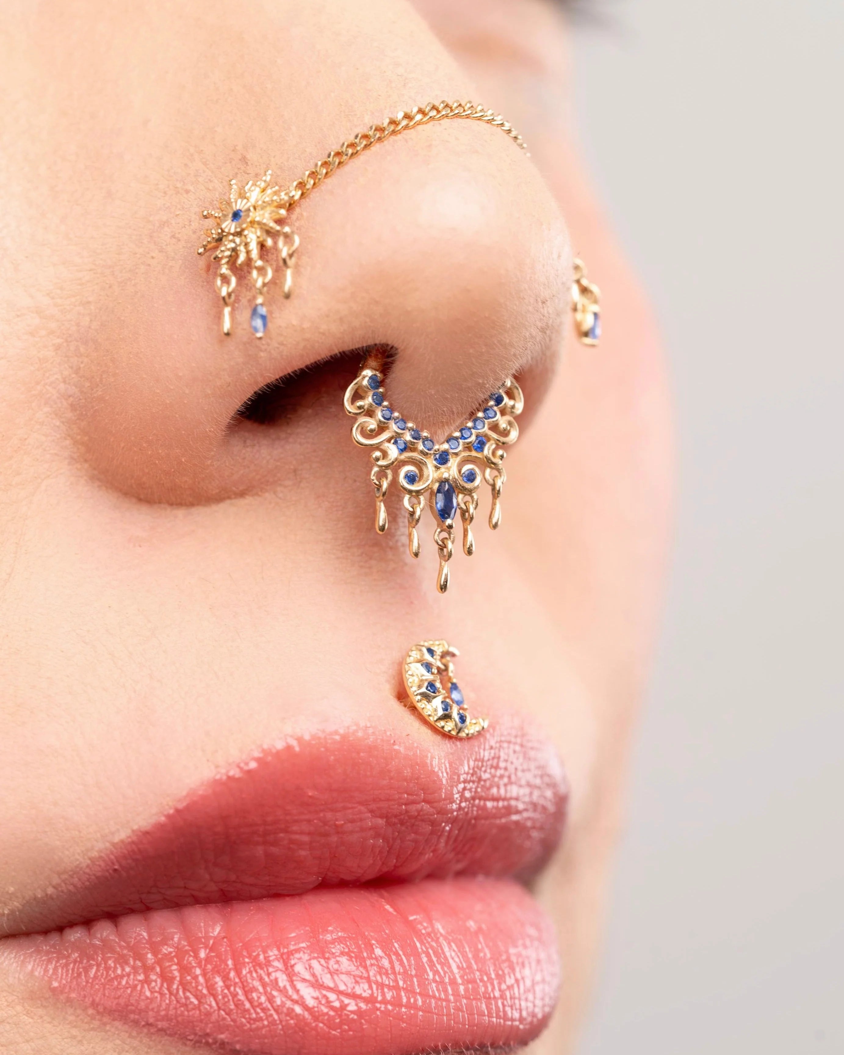 Moroccan Moon - 14K Gold Lab Blue Sapphire Threadless End - piercing - zone.com