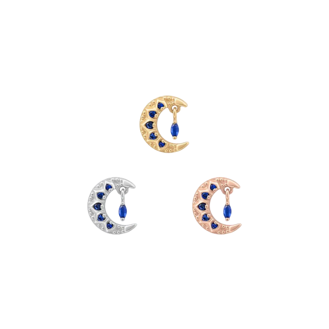 Moroccan Moon - 14K Gold Lab Blue Sapphire Threadless End - piercing - zone.com