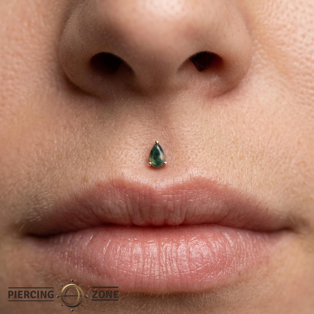 Moss Agate Pear – 14K Gold Threadless End