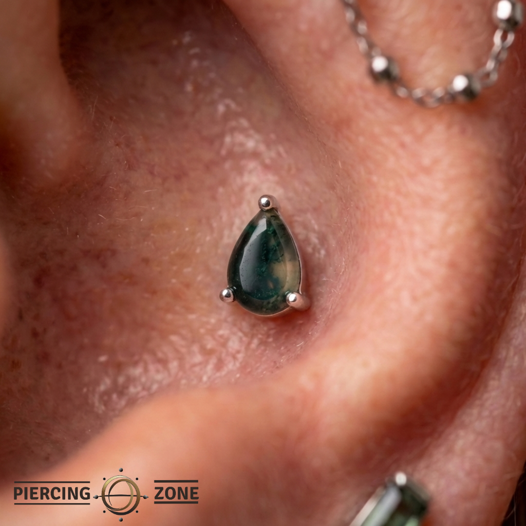 Moss Agate Pear – 14K Gold Threadless End