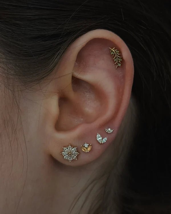 Model wearing Ocie CZ Duo End in Tragus Piercing