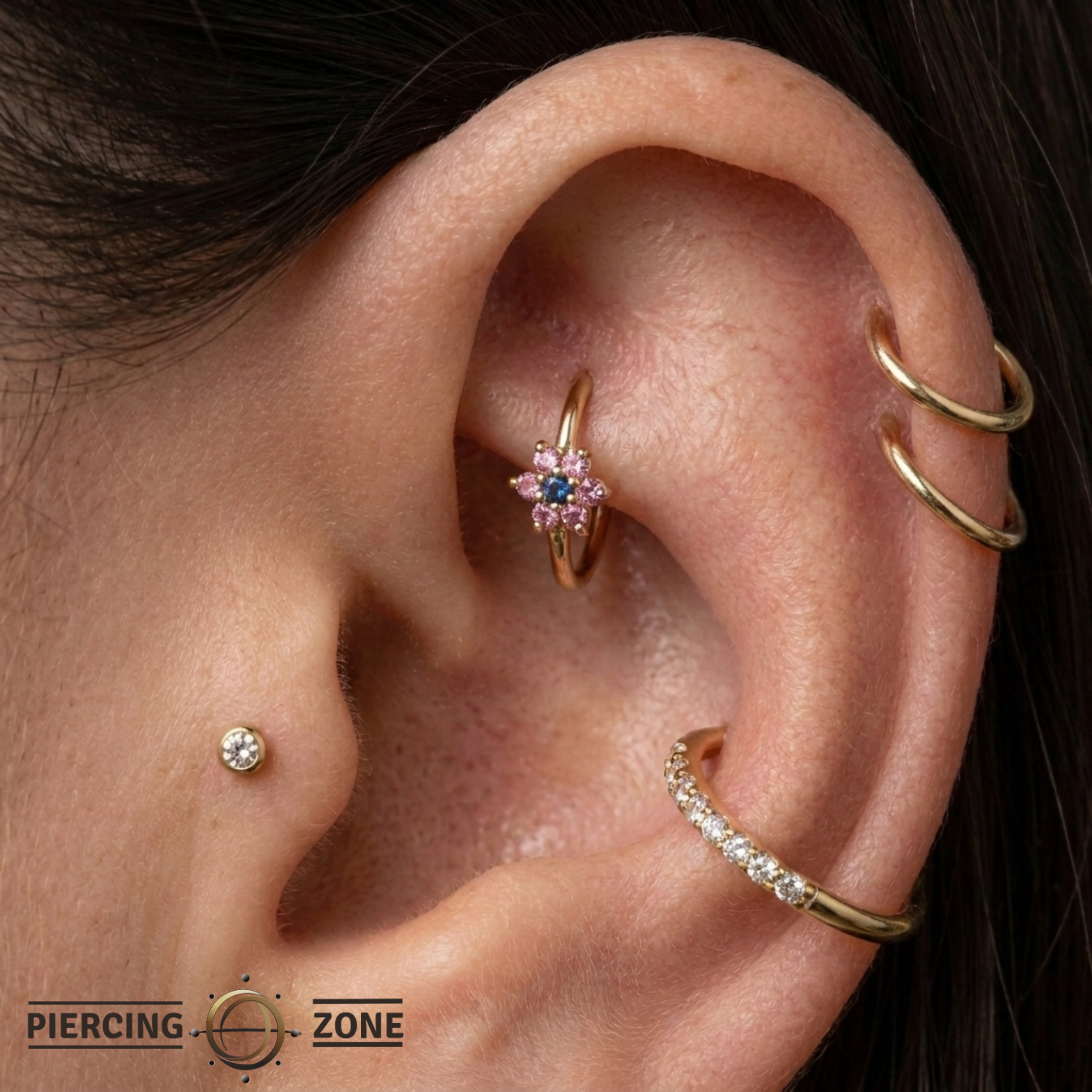 Pointed Bloom - 14K Gold 7 Stone Flower Fixed Bead Ring