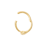 Side profile of 14K Ouroboros clicker ring showing texture and scale

