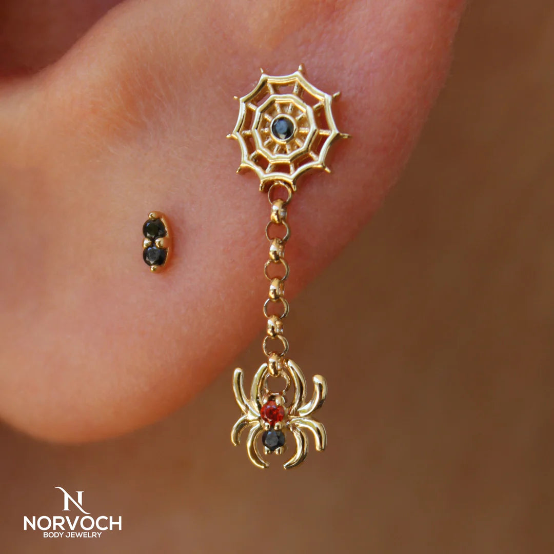 Spider Lace Dangle – 14K Gold Chain & Gemstone Threadless End