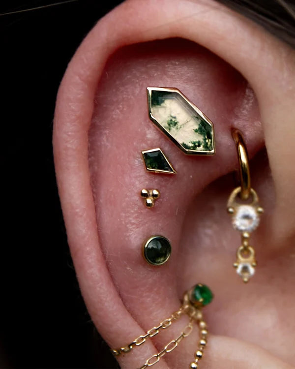 Unice II – 14K Gold & Moss Agate Threadless End