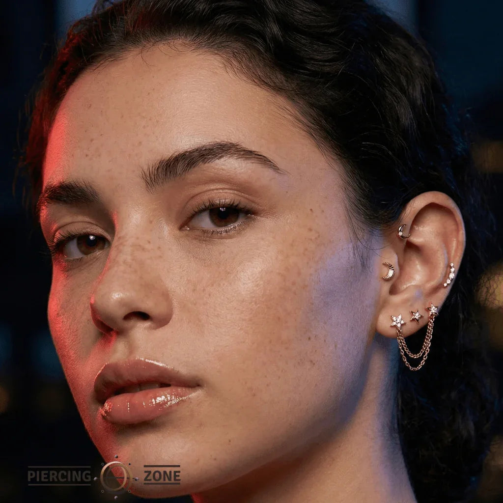 After Hours – Beaded Crescent Moon – 14K Gold Threadless End - piercing - zone.com