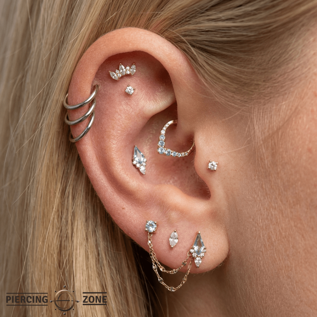 Afterglow – Swiss Blue Topaz & CZ Kite – 14K Gold Threadless End - piercing - zone.com