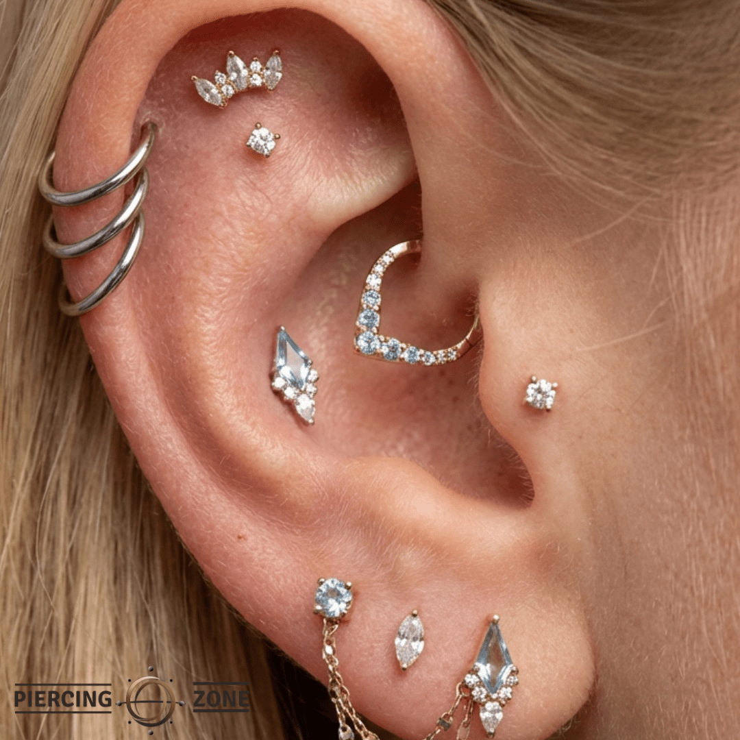 Afterglow – Swiss Blue Topaz & CZ Kite – 14K Gold Threadless End - piercing - zone.com