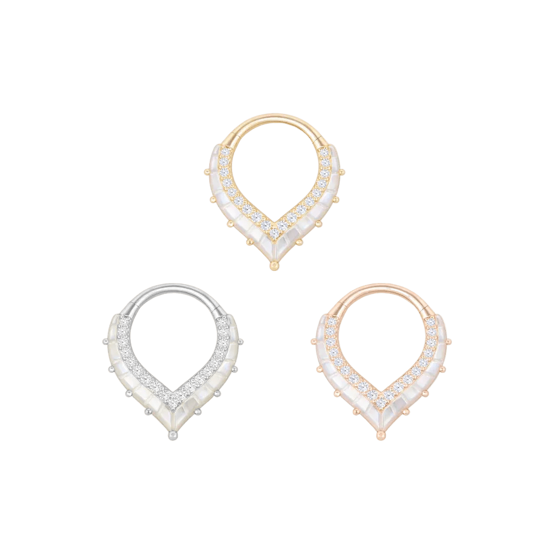 Arise V - Shape Mother of Pearl – 14K Gold Clicker Ring - piercing - zone.com