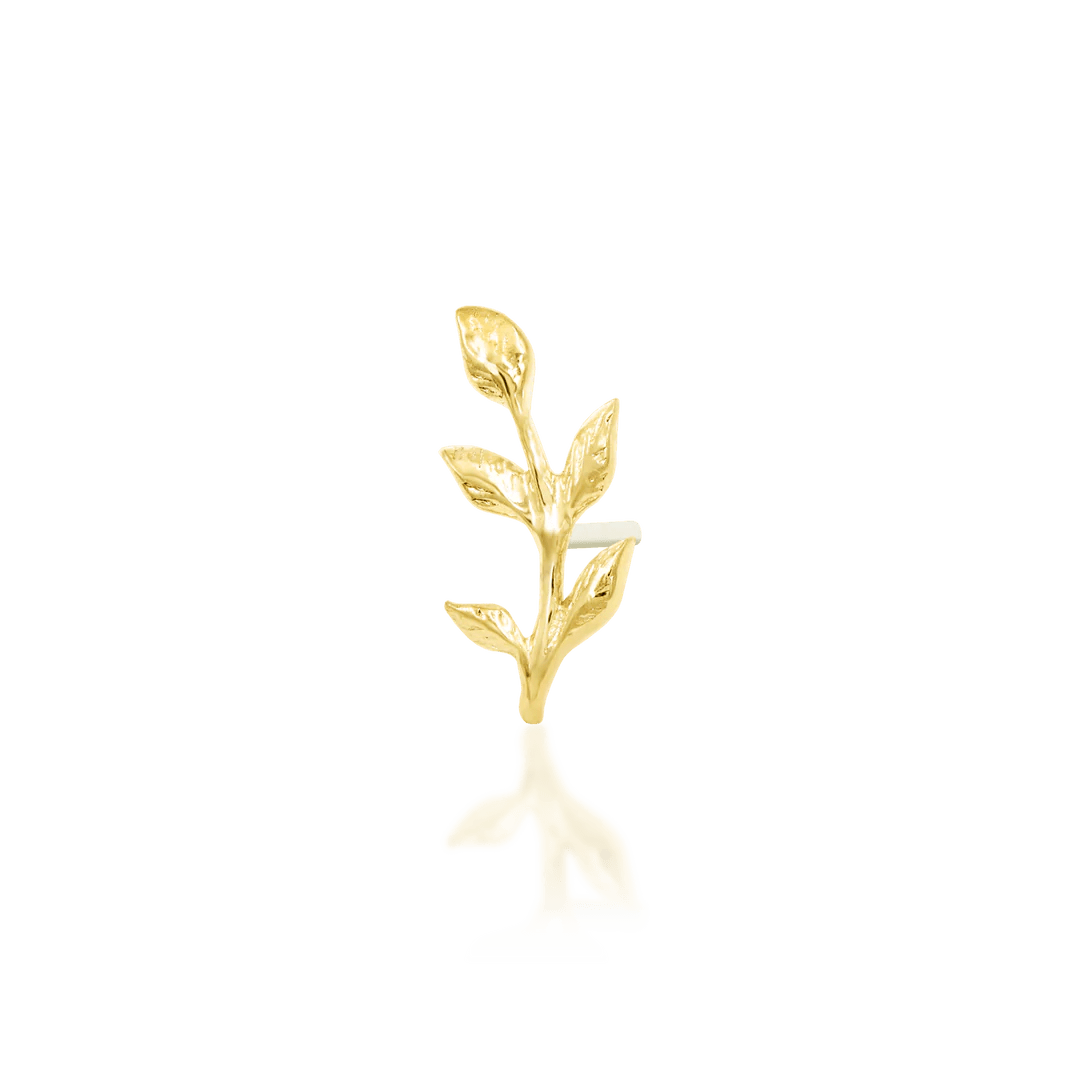 Aspen – Textured Leaf Sprig – 14K Gold Threadless End - piercing - zone.com