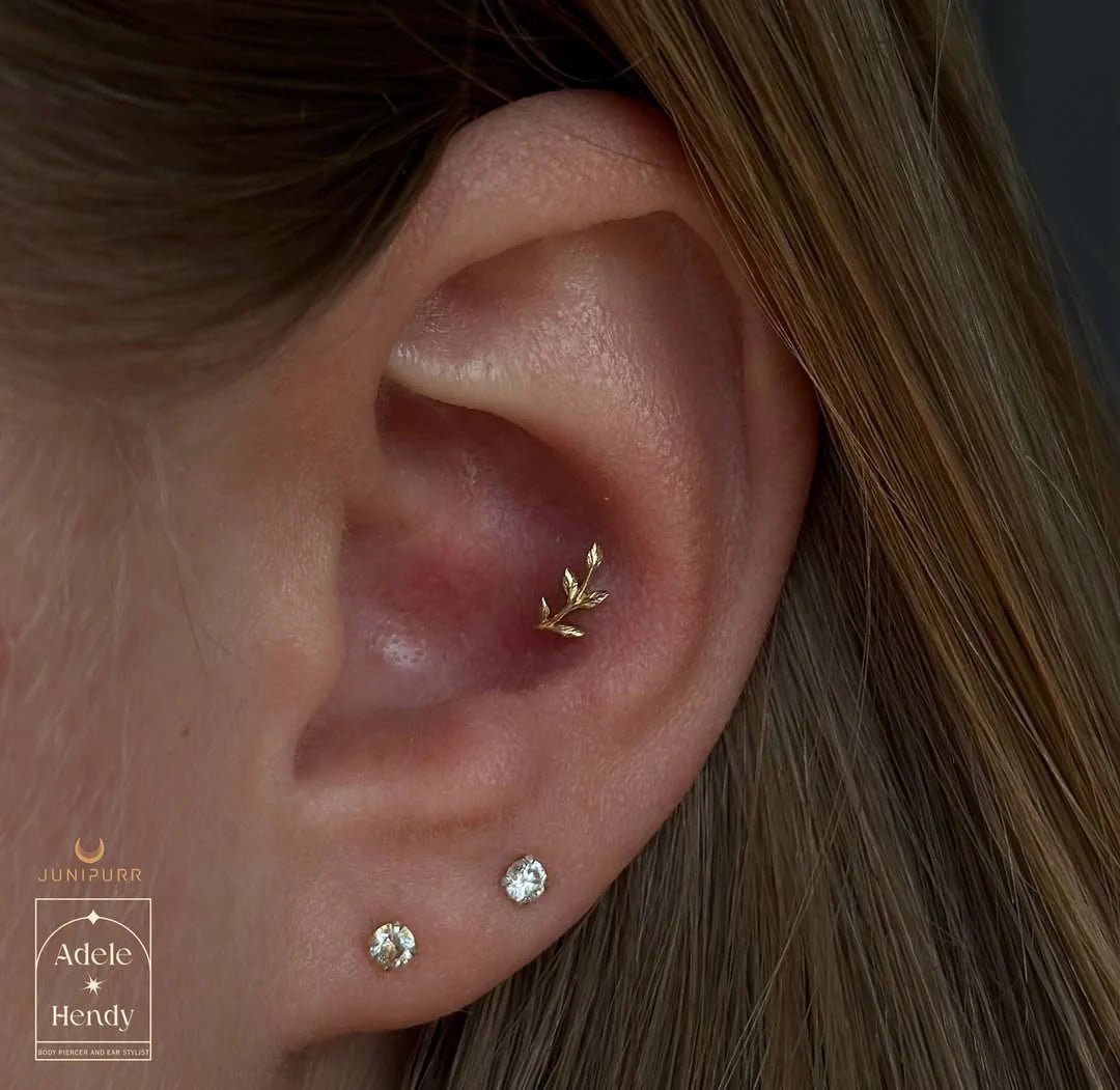 Aspen – Textured Leaf Sprig – 14K Gold Threadless End - piercing - zone.com