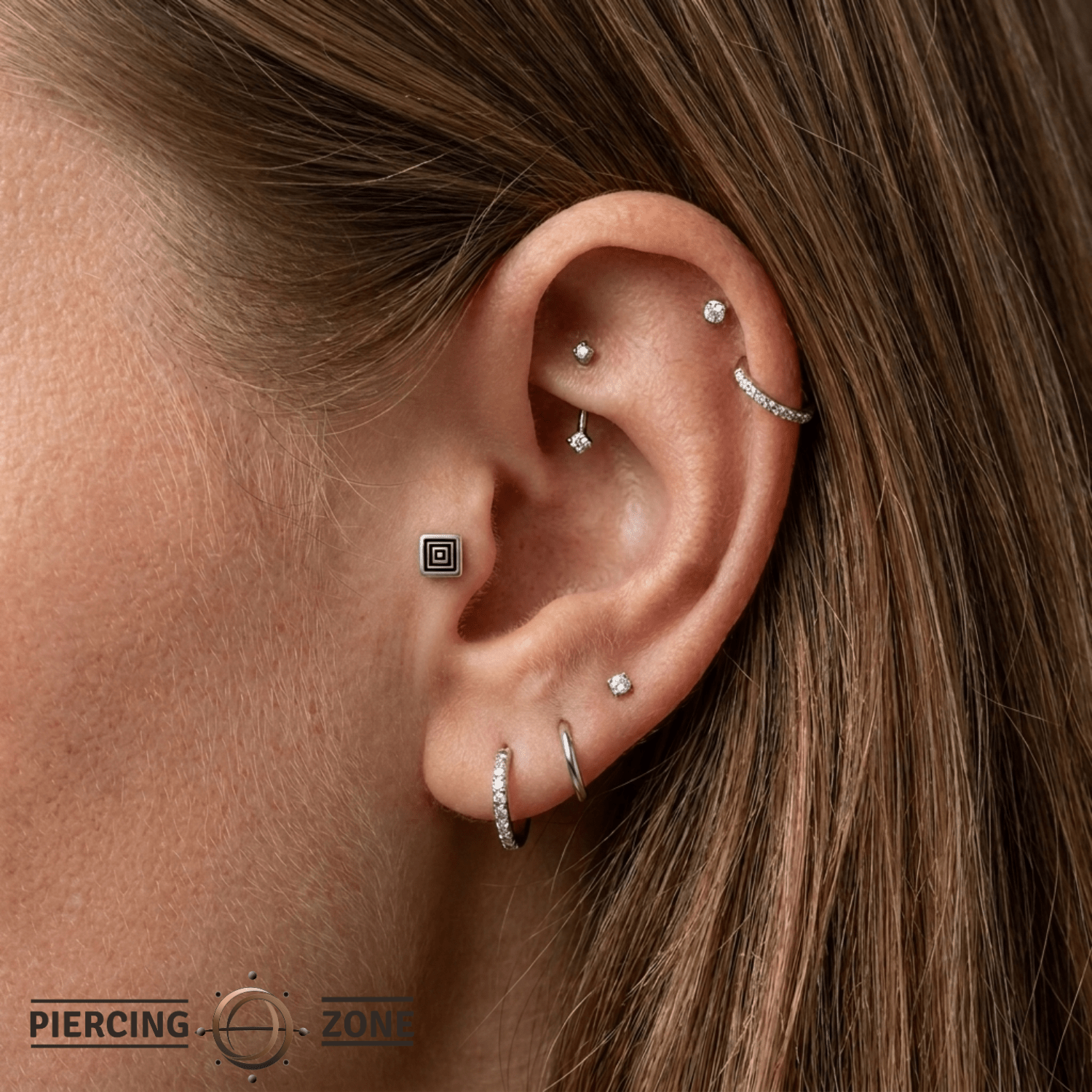 Aztec Square - 14K Gold Antiqued Threadless/Threaded End - piercing - zone.com