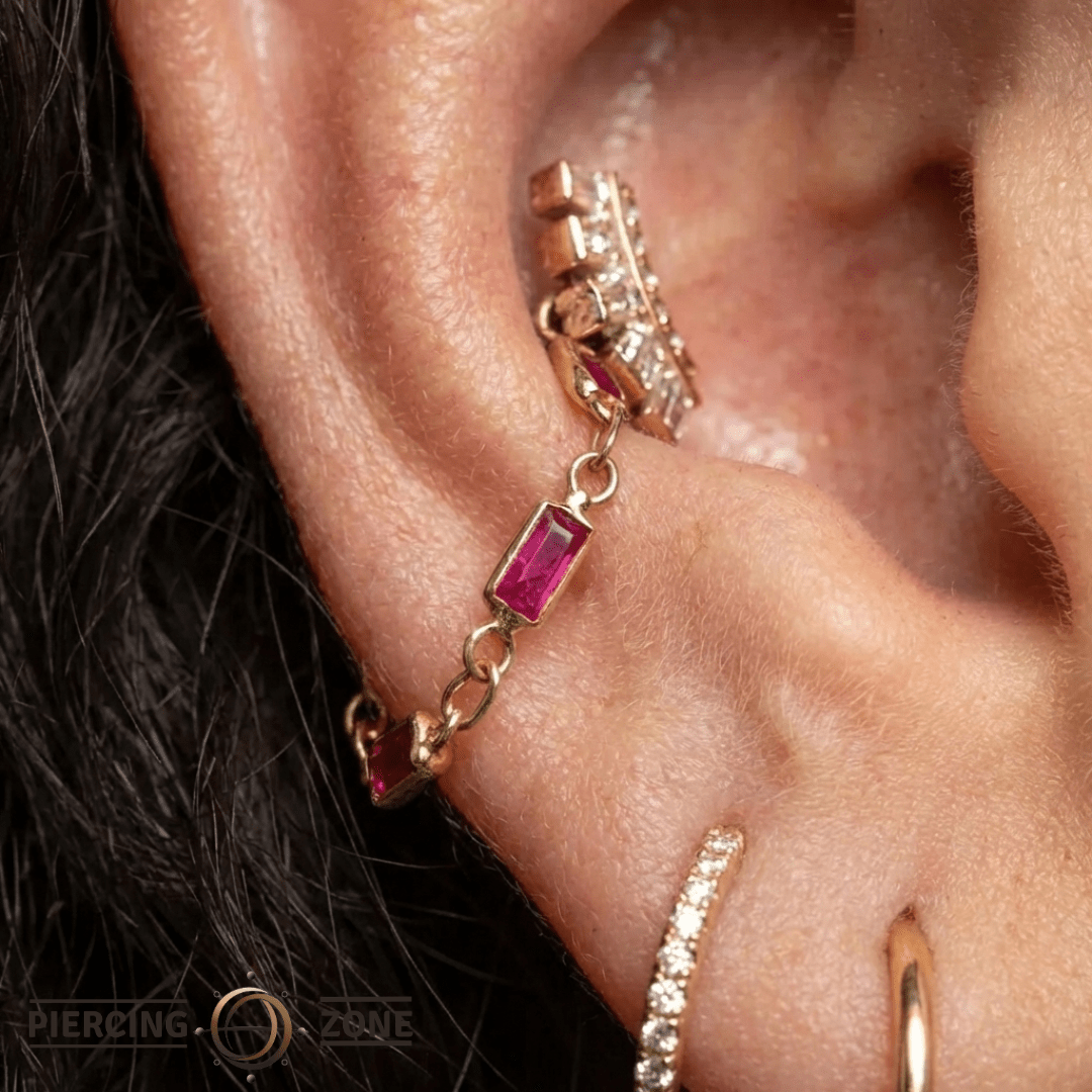 Baguette Ruby Chain – 18K Gold Gemstone Piercing Chain - piercing - zone.com