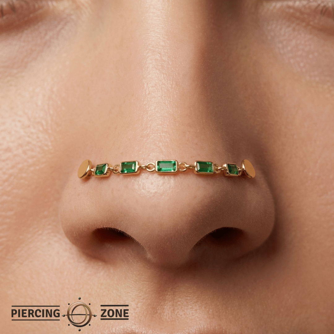 Baguette Tsavorite Chain – 18K Gold Gemstone Piercing Chain - piercing - zone.com