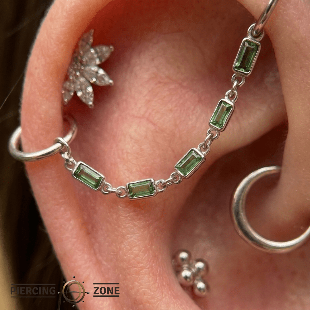 Baguette Tsavorite Chain – 18K Gold Gemstone Piercing Chain - piercing - zone.com