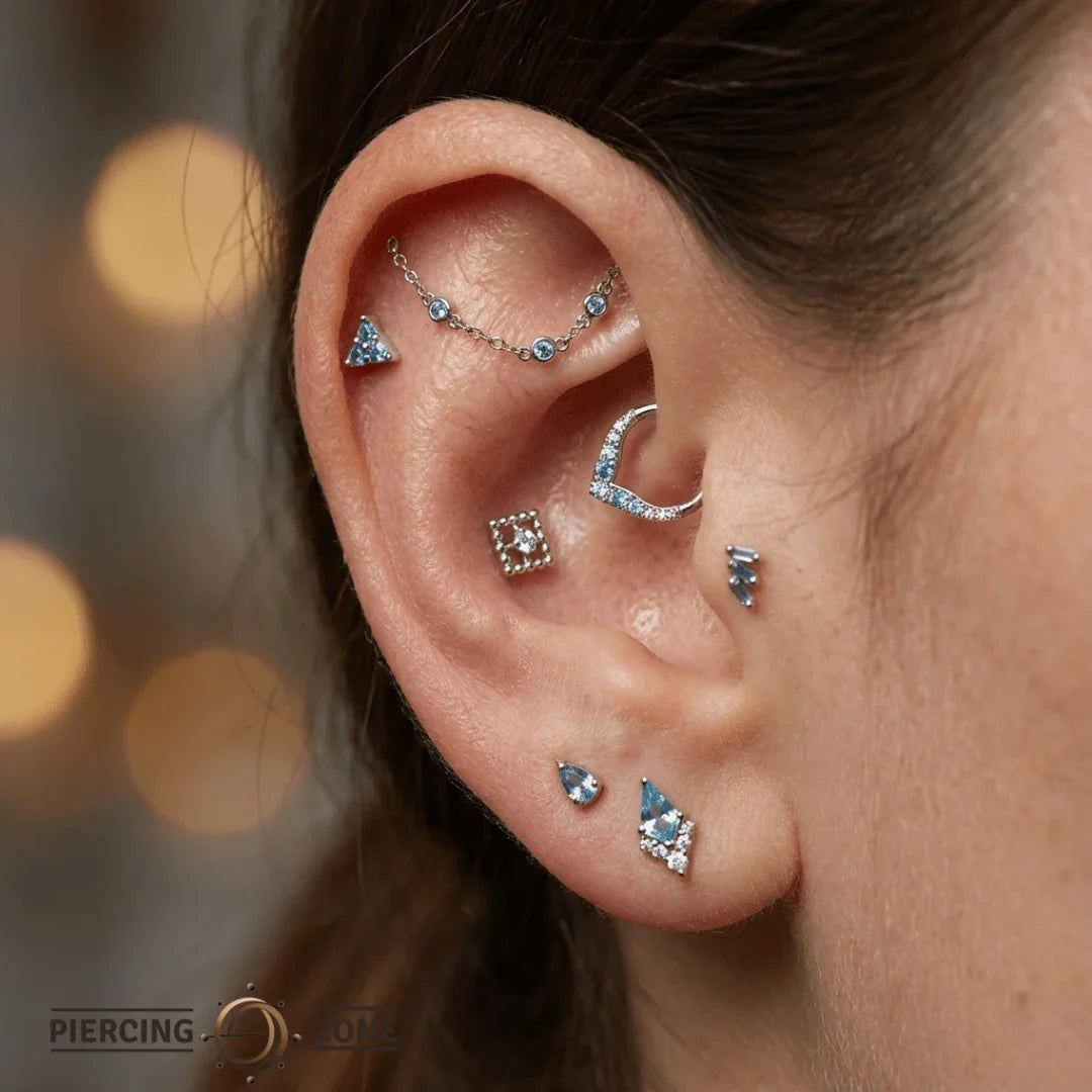 Beaded Square With Gem – 14K/18K Gold Threadless End - piercing - zone.com