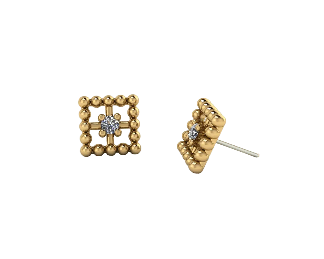 Beaded Square With Gem – 14K/18K Gold Threadless End - piercing - zone.com