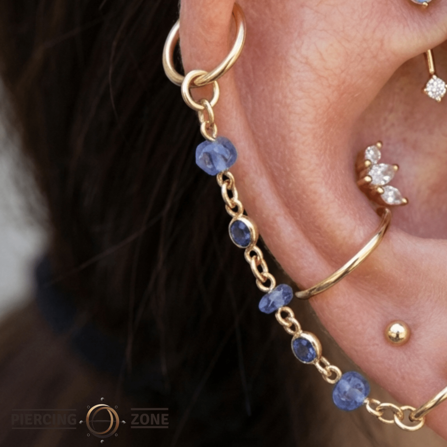 Blue Sapphire Chain – 18K Gold Gemstone Piercing Chain - piercing - zone.com