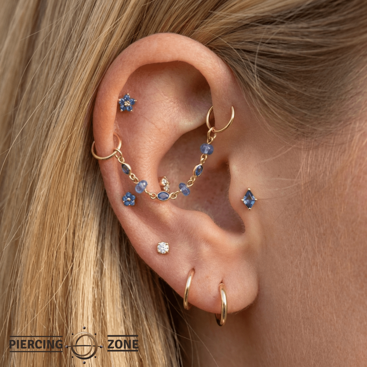 Blue Sapphire Chain – 18K Gold Gemstone Piercing Chain - piercing - zone.com