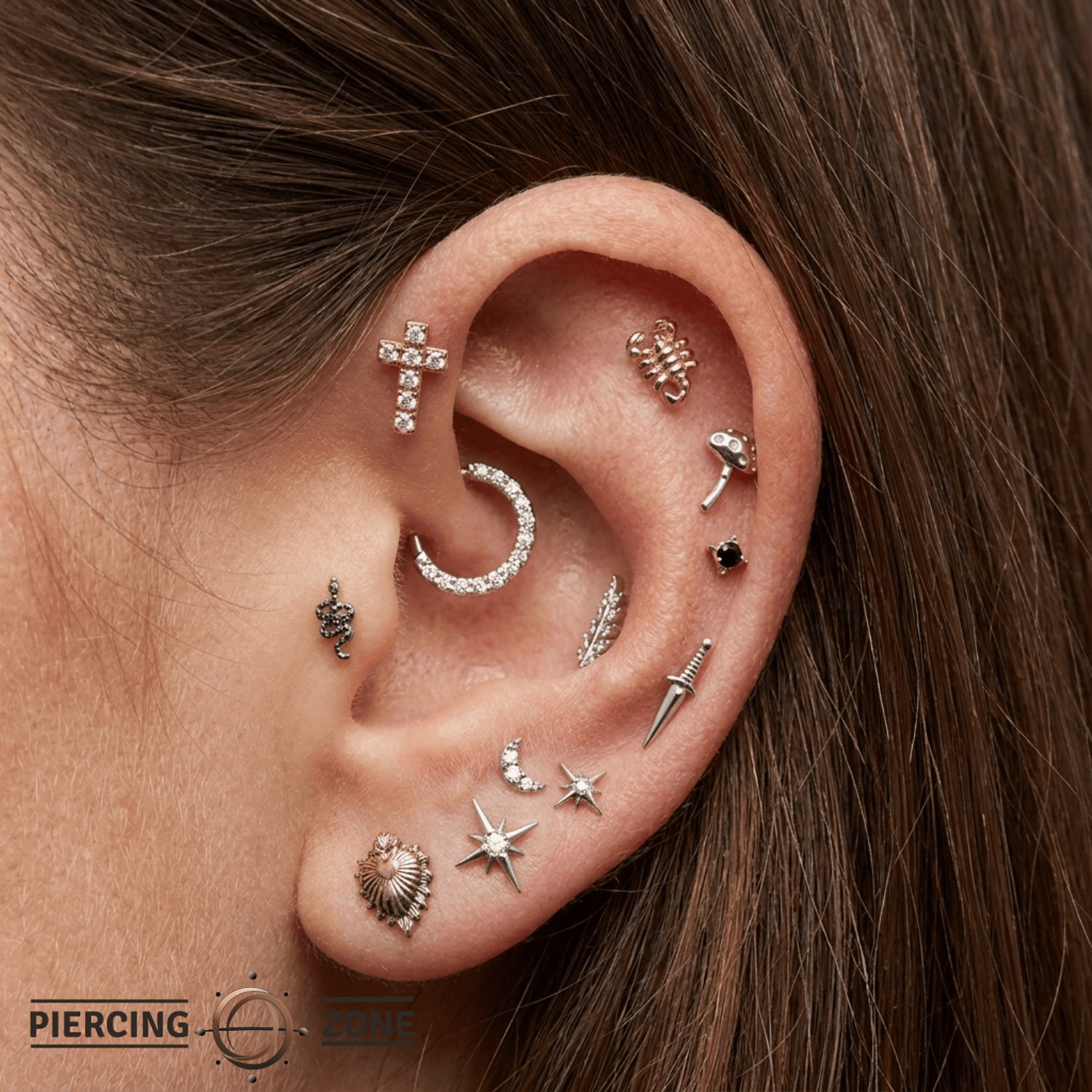 Cross - 14K Gold 7 Stone Threadless/Threaded End - piercing - zone.com