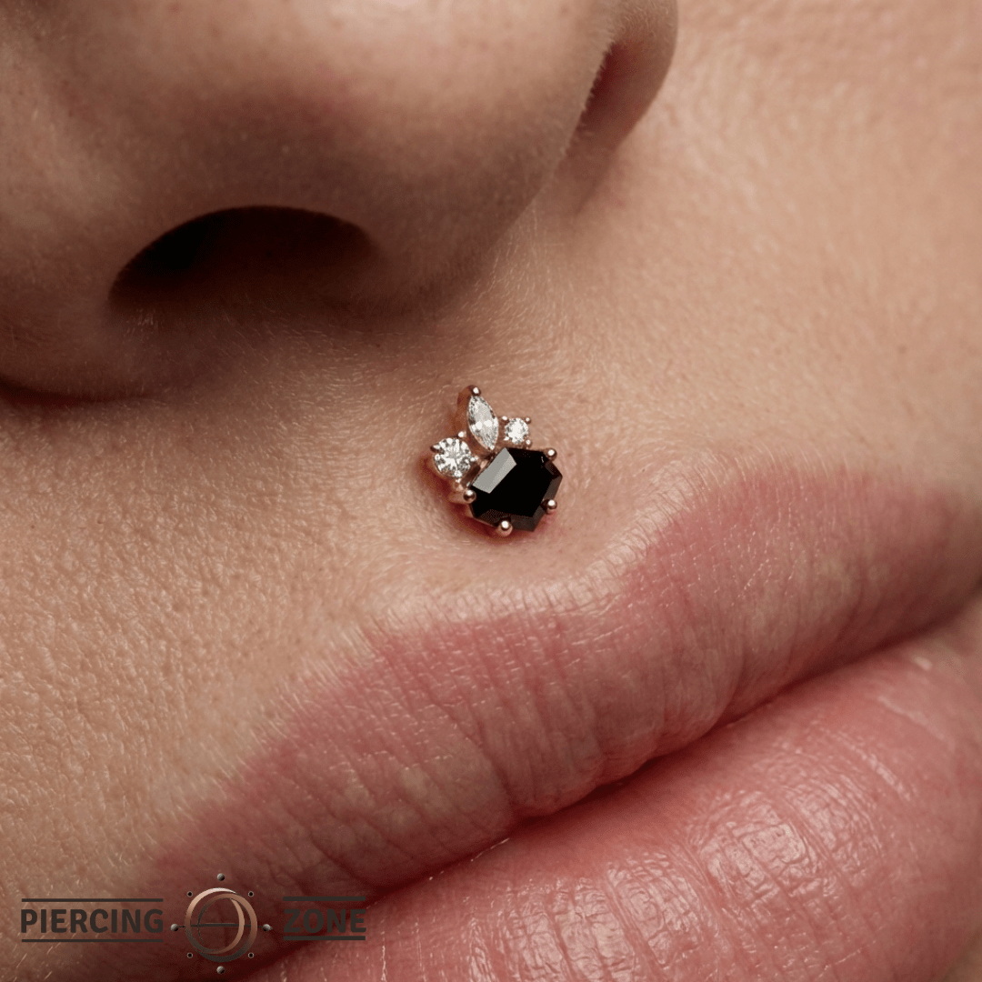 Darque – Black Agate & CZ Asymmetrical – 14K Gold Threadless End - piercing - zone.com