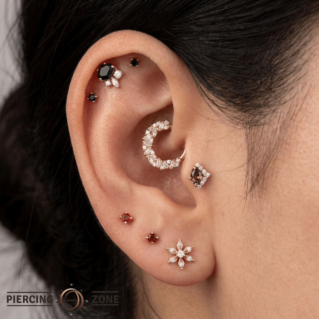 Darque – Black Agate & CZ Asymmetrical – 14K Gold Threadless End - piercing - zone.com