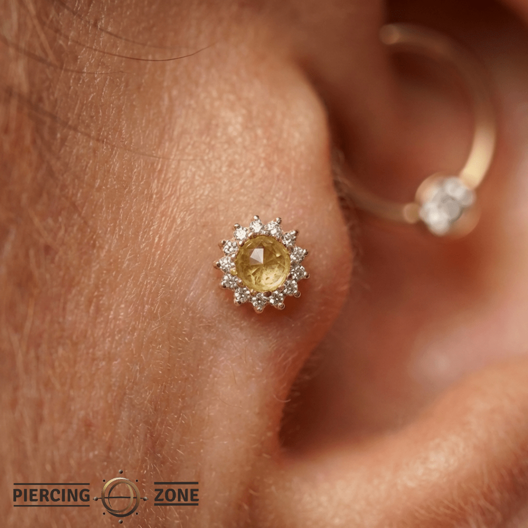 Delphine – 14K Gold Rutilated Quartz & White Sapphire Threadless End - piercing - zone.com