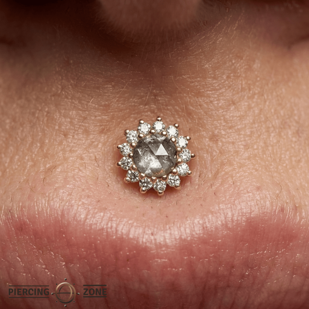Delphine – Grey Diamond & White Sapphire Halo – 14K Gold Threadless End - piercing - zone.com