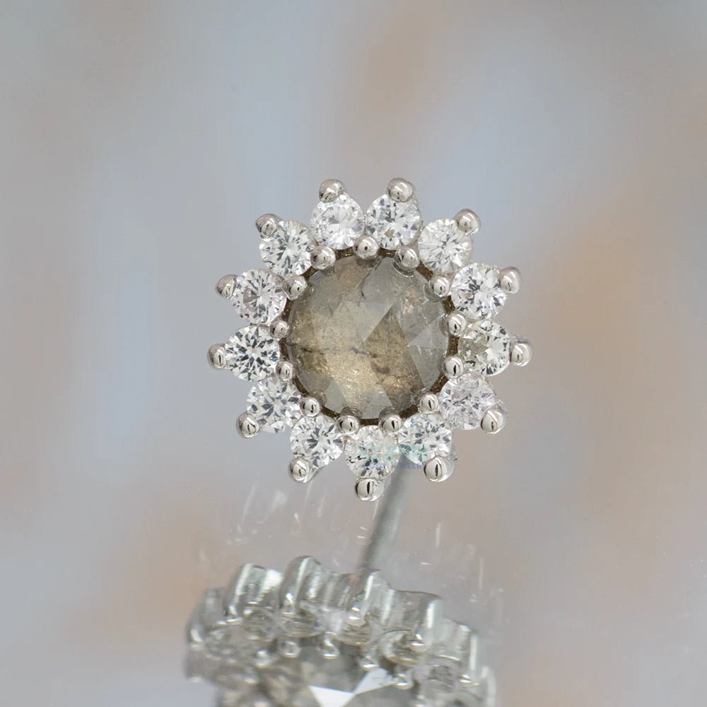 Delphine – Grey Diamond & White Sapphire Halo – 14K Gold Threadless End - piercing - zone.com