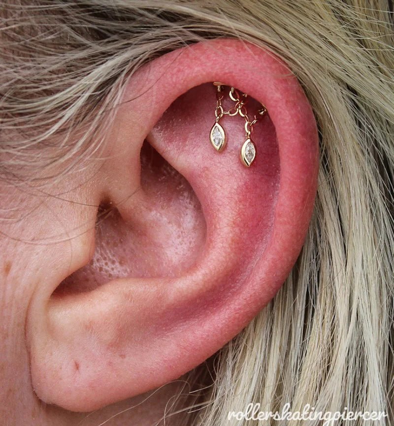 Delphine – White CZ Dangle Duo – 14K Gold Threadless End - piercing - zone.com