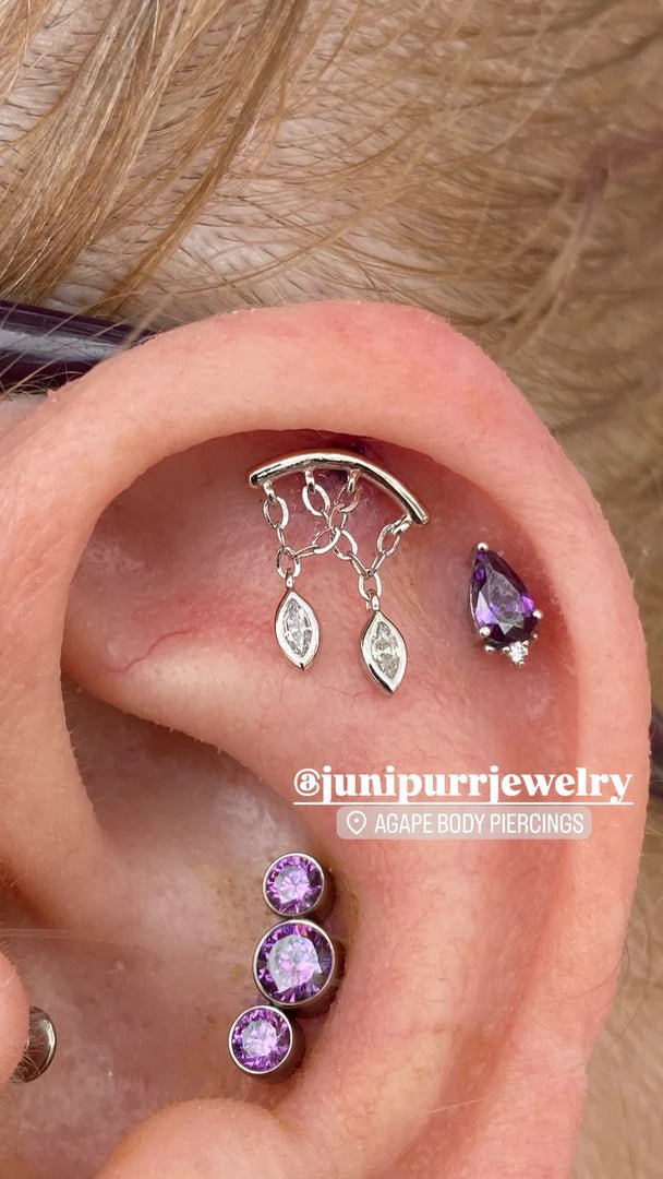 Delphine – White CZ Dangle Duo – 14K Gold Threadless End - piercing - zone.com