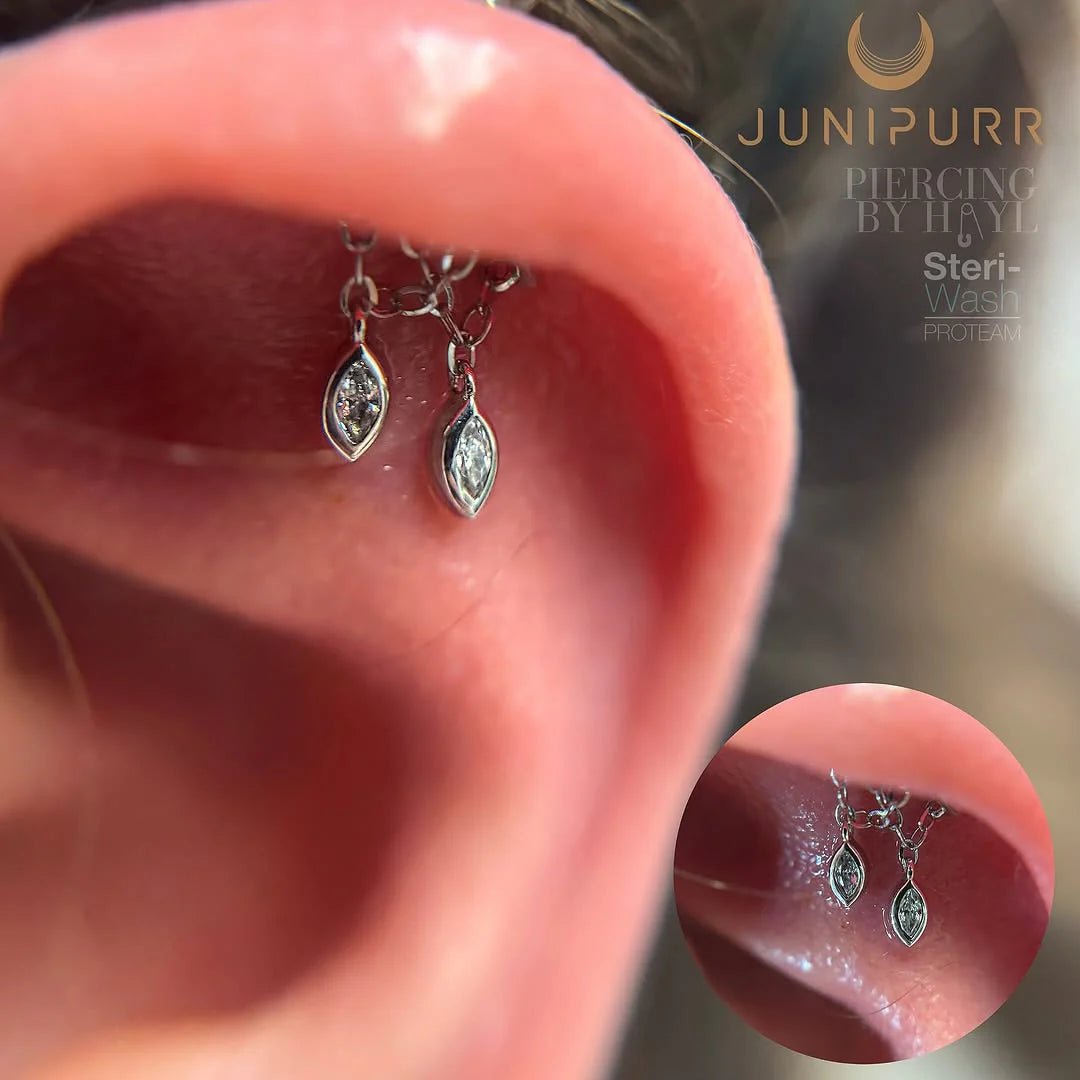 Delphine – White CZ Dangle Duo – 14K Gold Threadless End - piercing - zone.com