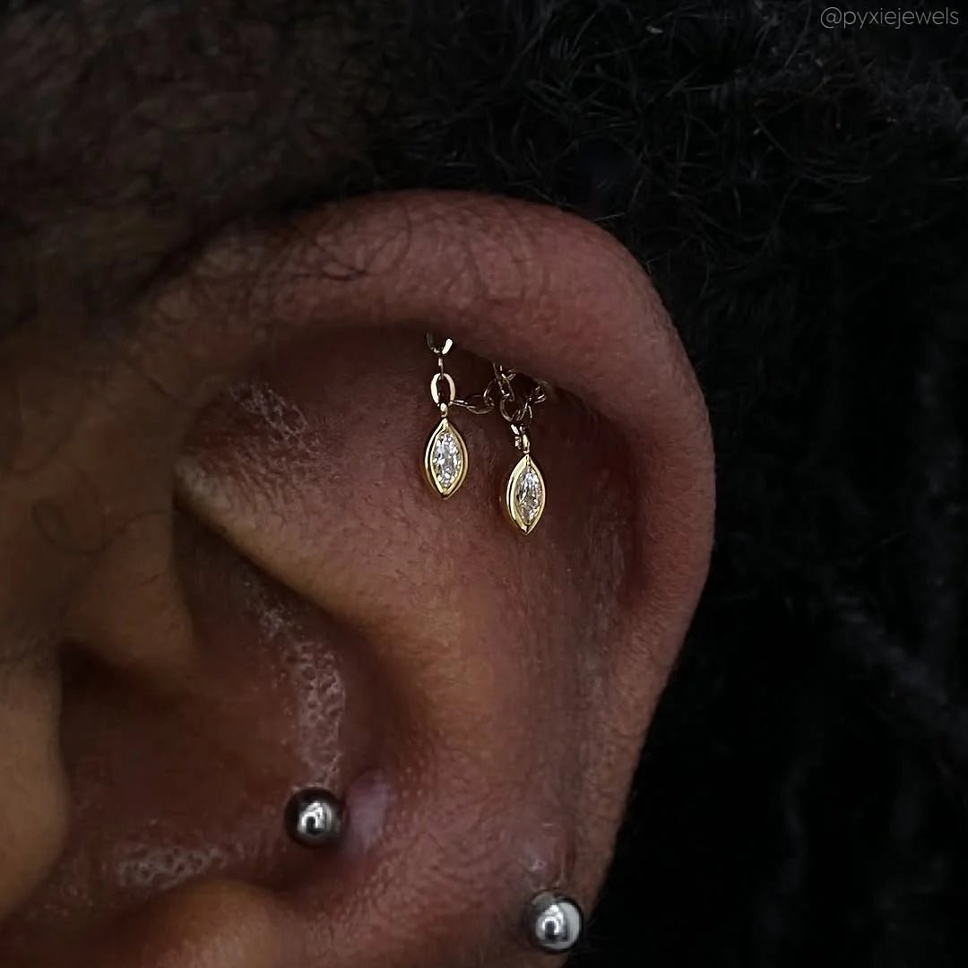 Delphine – White CZ Dangle Duo – 14K Gold Threadless End - piercing - zone.com