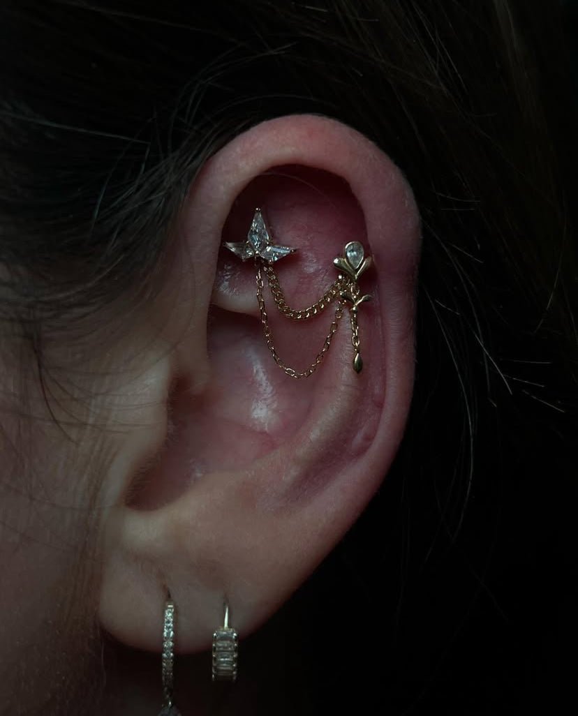 Diamond Cut + Side Chain – 14K Gold Dual Chain Accent - piercing - zone.com