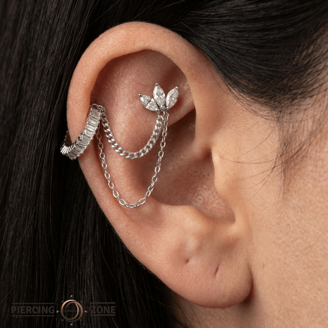 Diamond Cut + Side Chain – 14K Gold Dual Chain Accent - piercing - zone.com